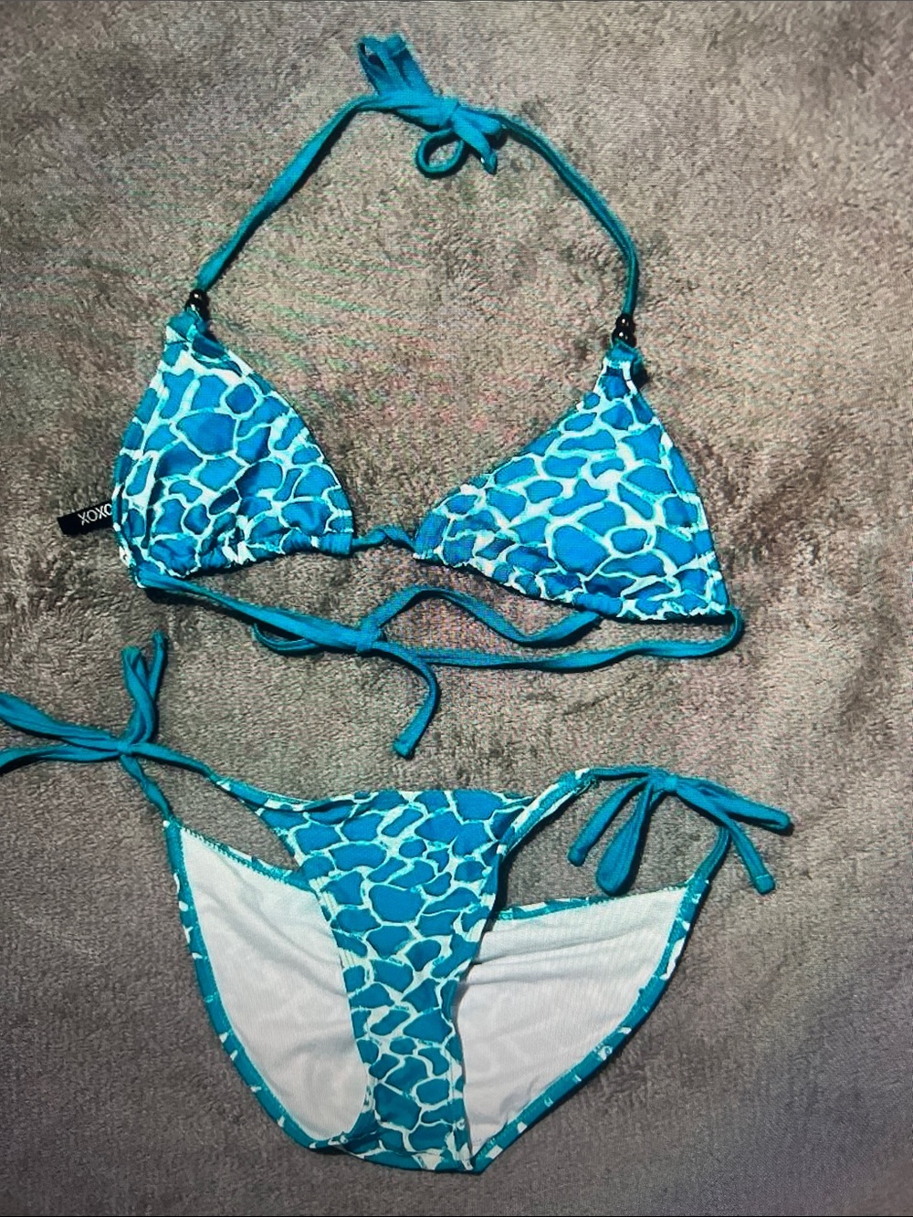 Blue Patterned Triangle String Bikini